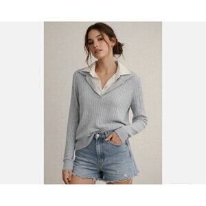 Lauren Ralph Lauren Cashmere Silk Polo Cable Knit Sweater light blue/ivory M UUU